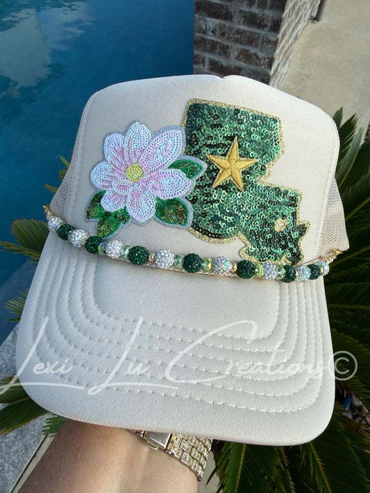 Louisiana Magnolia Trucker Hat | Louisiana Sequin Patch Hat | Southern Trucker Hat | Rhinestone Hat Chain | Louisiana Gift for Her