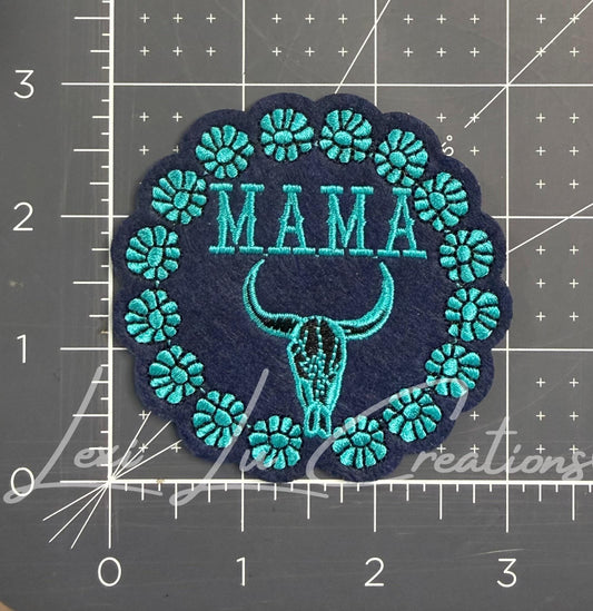 Turquoise Western Mama Steer Skull Embroidered Patch | Cowgirl Hat & Pocket Patch