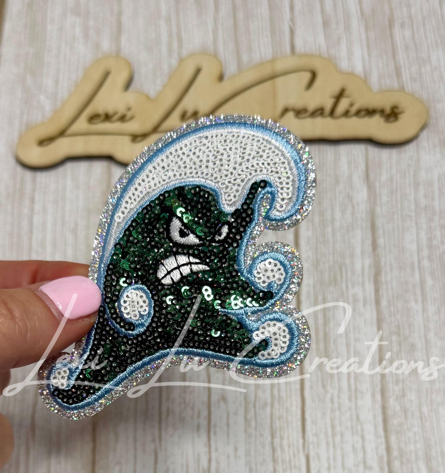 Green Wave Mascot Sequin Patch | Green & Blue Game Day Iron-On Patch