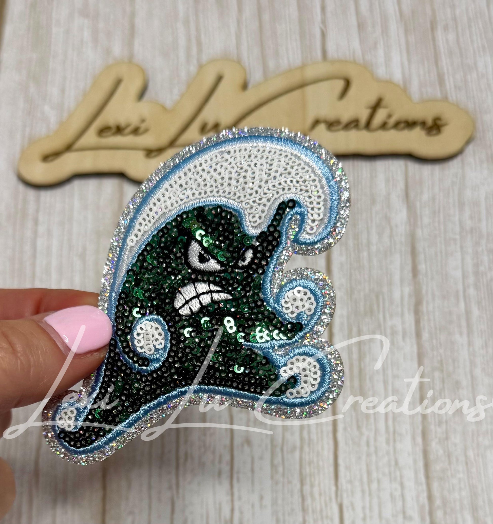 Green Wave Mascot Sequin Patch | Green & Blue Game Day Iron-On Patch