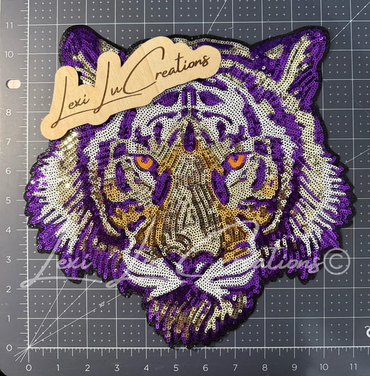 Purple & Gold Tiger Mascot Sequin Patch | Iron On Applique | Game Day Shirt Patch