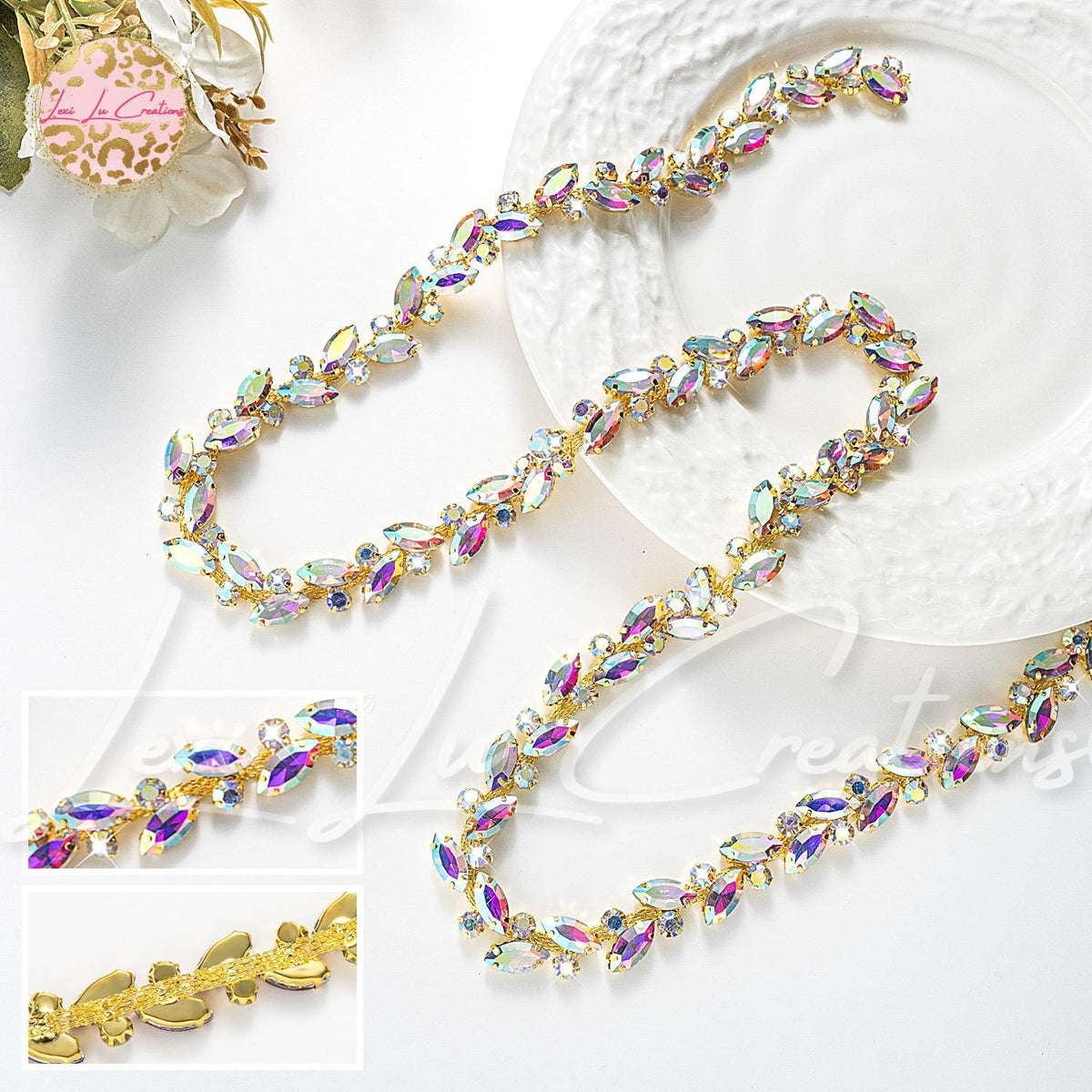 Marquis AB Iridescent Rhinestone Hat Chain Gold | Crystal Bling Hat Band | Clip-On Hat Chain | Glam Hat Accessory | Hat Jewelry