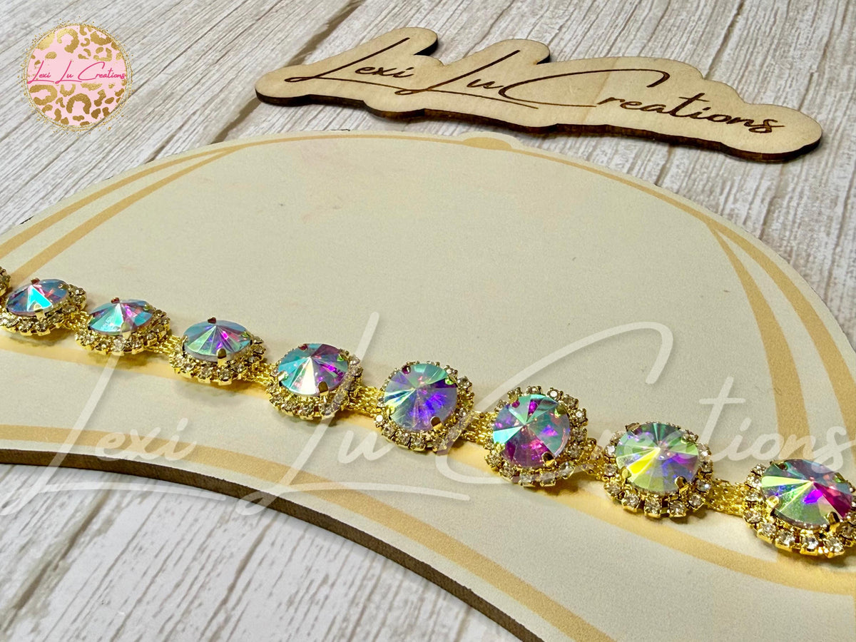 Round AB Iridescent Rhinestone Hat Chain Gold | Crystal Bling Hat Band | Clip-On Hat Chain | Glam Hat Accessory | Hat Jewelry