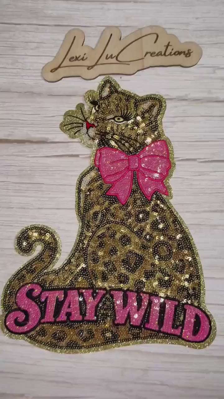 Stay Wild Leopard Sequin Patch | Pink Bow Cheetah Iron-On Patch