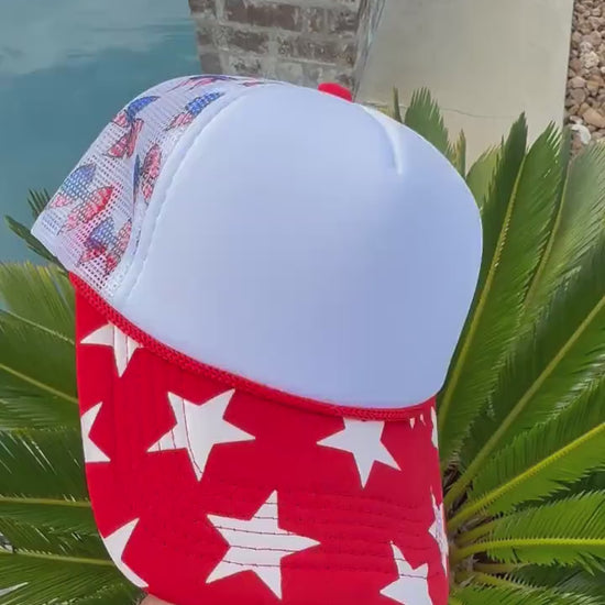 Patriotic Bow Trucker Hat with Red and White Star Bill | Red White and Blue Bow Hat | Americana Stars Snapback | Fourth of July Hat