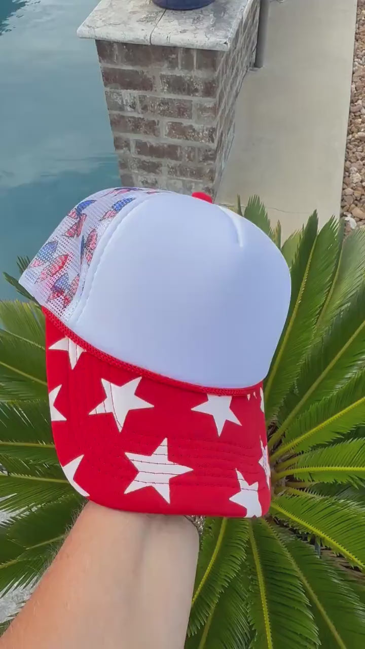 Patriotic Bow Trucker Hat with Red and White Star Bill | Red White and Blue Bow Hat | Americana Stars Snapback | Fourth of July Hat