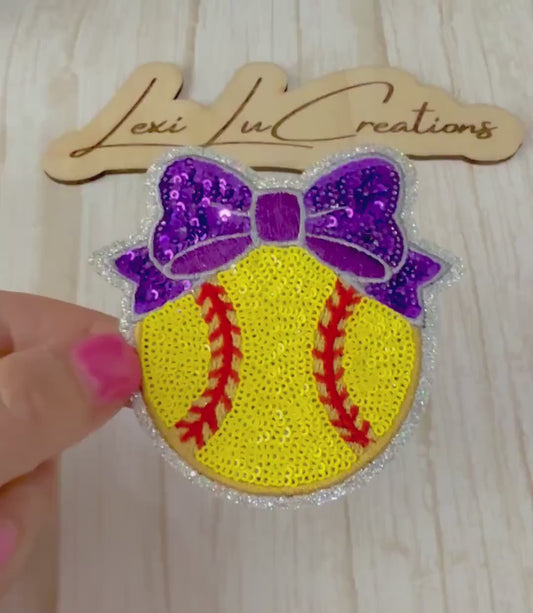Softball Bow Patches | Sequin Softball Patch | Girls Softball Patch | Hat Patch | Patch Bar Supply