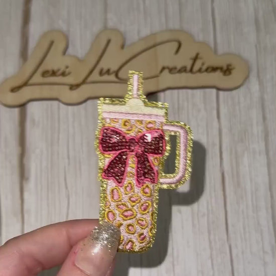 Pink Bow Leopard Tumbler Patch | Coquette Tumbler Patch | Pink Cheetah Cup Patch | Girly Drink Cup Applique | Iron On Patch
