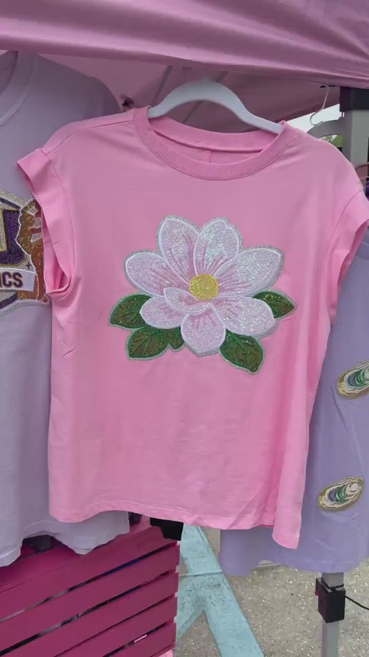Magnolia Sequin Patch Shirt | Southern Magnolia Tee | Pink Magnolia Blossom Shirt | Louisiana Inspired Floral Shirt | Sparkly Boutique Tee