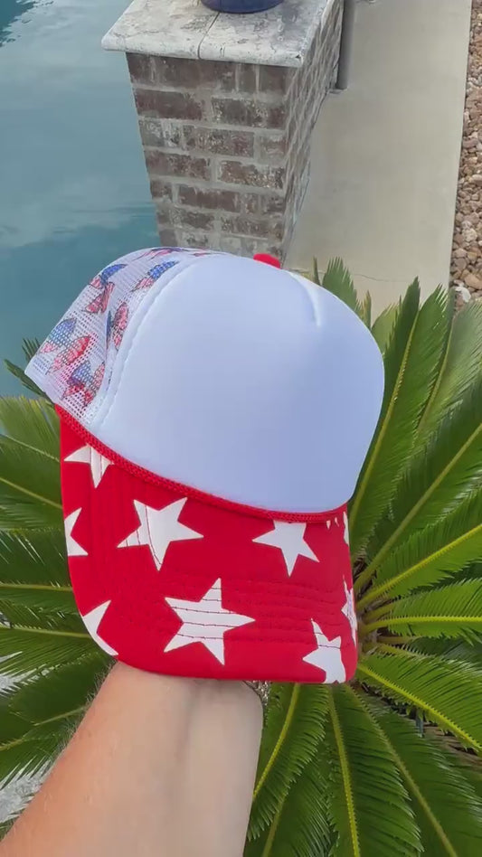 Patriotic Bow Trucker Hat with Red and White Star Bill | Red White and Blue Bow Hat | Americana Stars Snapback | Fourth of July Hat