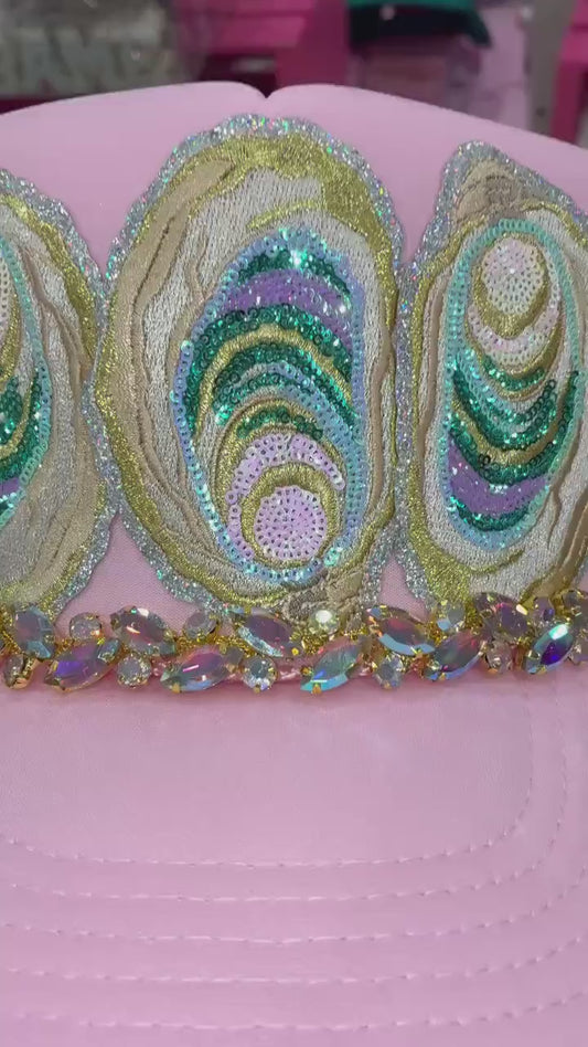 Sequin Oyster Patch Hat with Bling Chain | Coastal Southern Sparkle Trucker Hat | Louisiana Seafood Festival Hat | Custom Patch Bar Hat