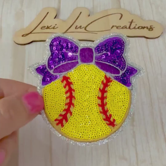 Softball Bow Patch Set | Softball Bow Patches | Sequin Softball Patch | Girls Softball Patch | Hat Patch | Patch Bar Supply