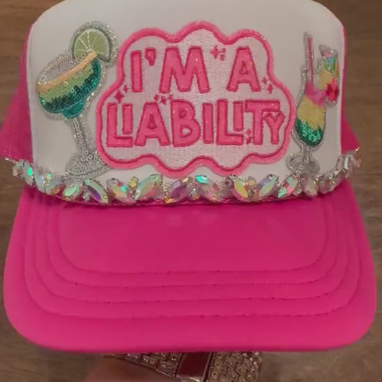 I'm A Liability Trucker Hat | Funny Girls Trip Hat | Vacation Hat with Rhinestone Chain | Bachelorette Party Hat | Beach Vacation Hat