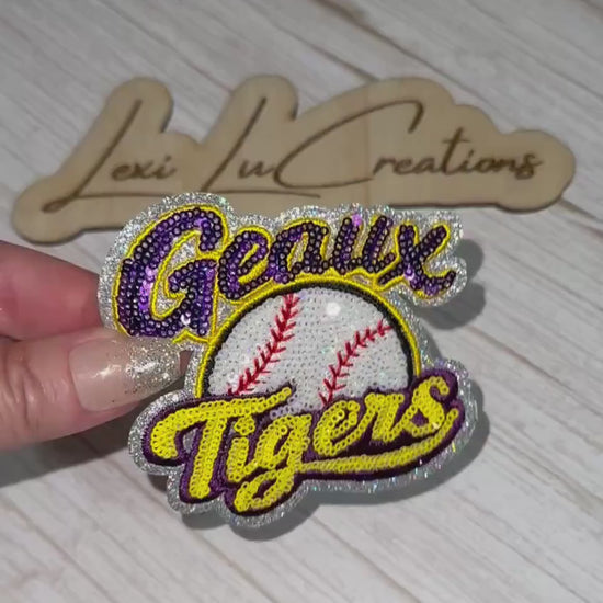 Geaux Tigers Baseball Patch | LSU Baseball Patch | Sequin Baseball Patch | Tigers Hat Patch | Baseball Fan Patch | Trucker Hat Patch