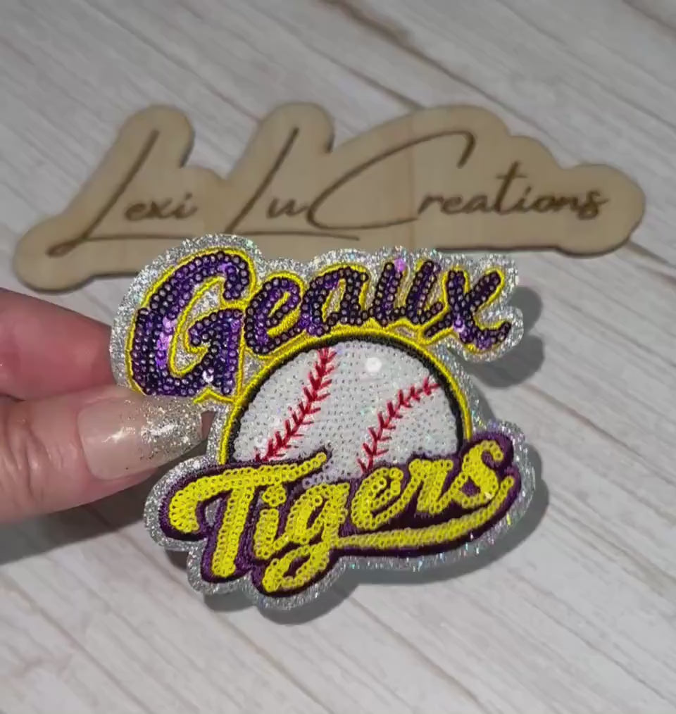 Geaux Tigers Baseball Patch | LSU Baseball Patch | Sequin Baseball Patch | Tigers Hat Patch | Baseball Fan Patch | Trucker Hat Patch