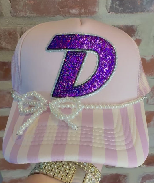 Dutchtown Sequin D Lavender Stripe Trucker Hat with Pearl Bow Chain