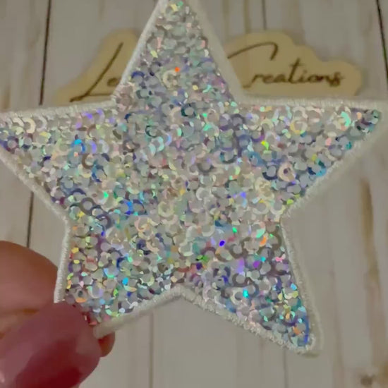 Iridescent Silver Sequin Star Patch | Small and Large Star Appliqué | Boutique Patch for Hats Jackets and Bags