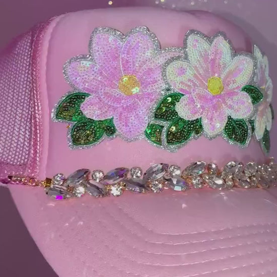 Pink Magnolia Bling Patch Hat with Rhinestone Hat Chain | Southern Glam Trucker Hat | Sparkly Magnolia Hat | Boutique Custom Hat