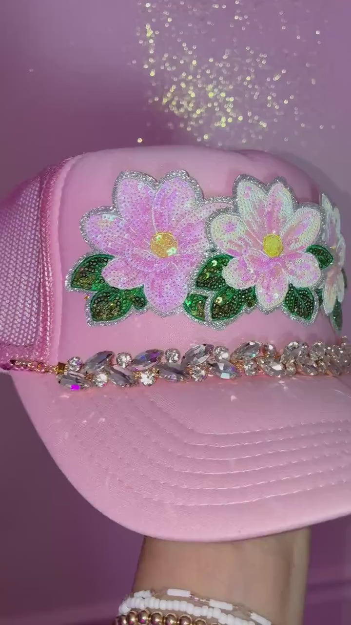 Pink Magnolia Bling Patch Hat with Rhinestone Hat Chain | Southern Glam Trucker Hat | Sparkly Magnolia Hat | Boutique Custom Hat