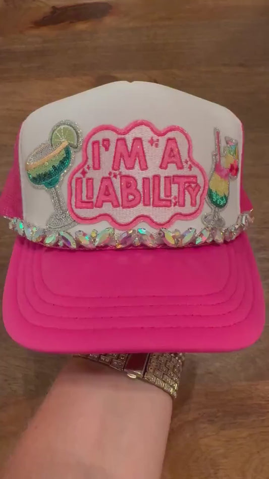 I'm A Liability Trucker Hat | Funny Girls Trip Hat | Vacation Hat with Rhinestone Chain | Bachelorette Party Hat | Beach Vacation Hat