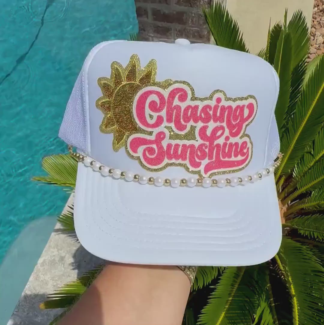 Chasing Sunshine Trucker Hat | Summer Beach Hat | Pink & Gold Glitter Patch Hat | Pearl Chain Hat | Vacation Hat Gift