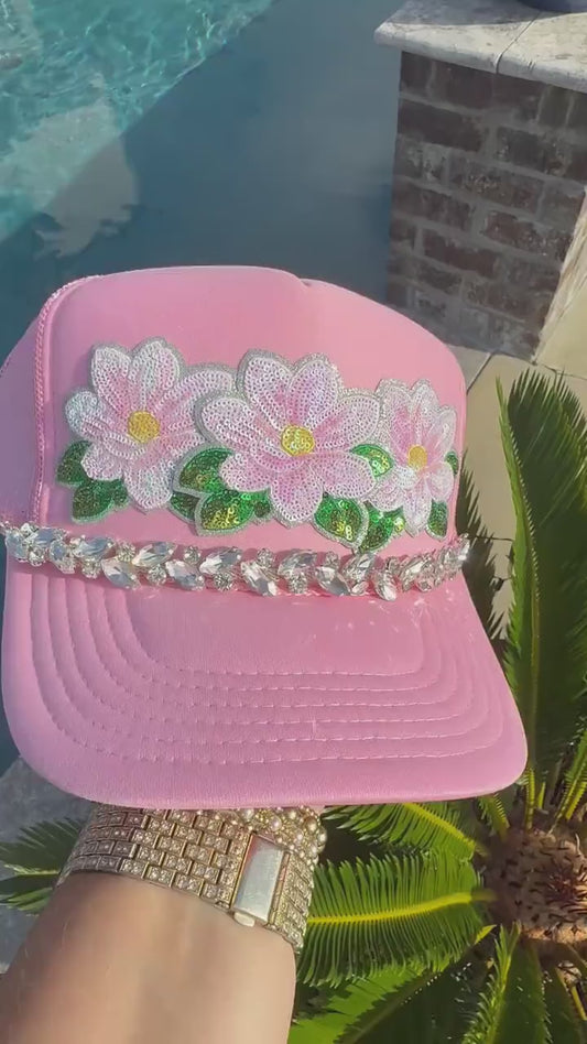Pink Magnolia Bling Patch Hat with Rhinestone Hat Chain | Southern Glam Trucker Hat | Sparkly Magnolia Hat | Boutique Custom Hat