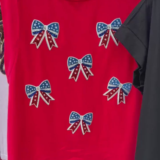Patriotic Bow Patch Shirt | USA Bow Scattered Patch Tee | Fourth of July Shirt | American Flag Bow Shirt | Red White Blue Boutique Tee