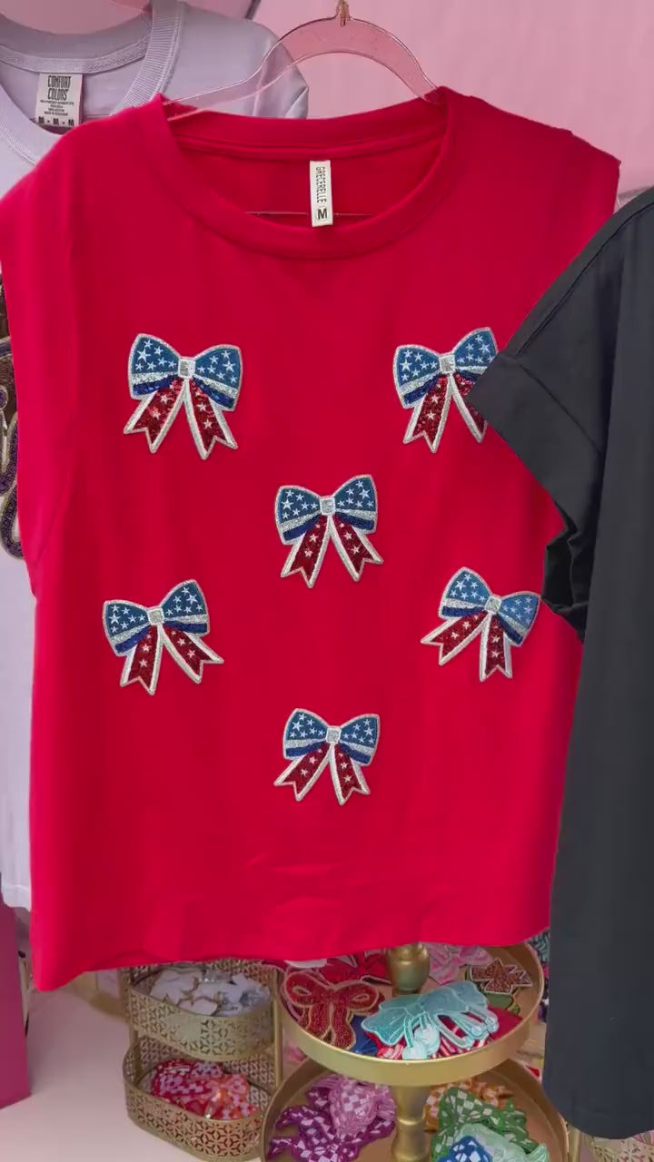 Patriotic Bow Patch Shirt | USA Bow Scattered Patch Tee | Fourth of July Shirt | American Flag Bow Shirt | Red White Blue Boutique Tee