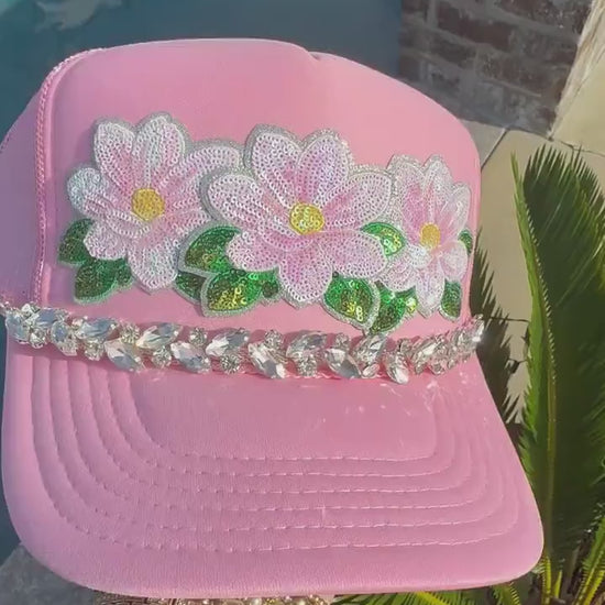 Pink Magnolia Bling Patch Hat with Rhinestone Hat Chain | Southern Glam Trucker Hat | Sparkly Magnolia Hat | Boutique Custom Hat