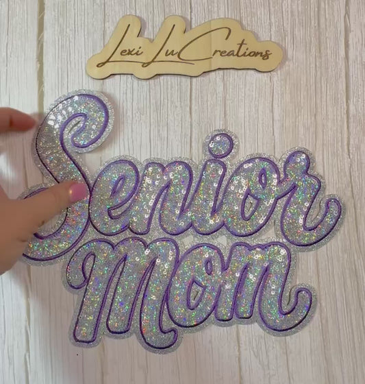 Senior Mom Silver Sequin Shirt Patch - PURPLE stitch