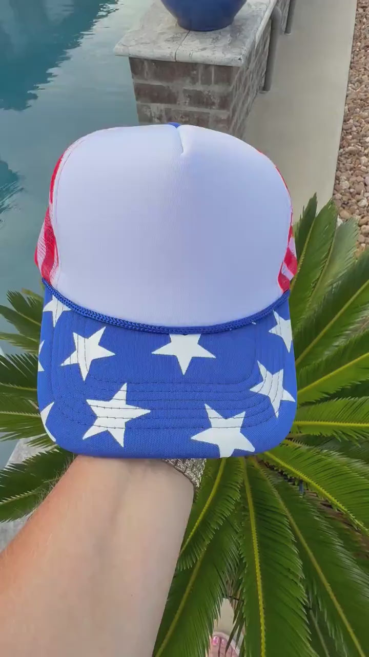 Patriotic Trucker Hat | Red White & Blue Stars and Stripes Hat | Americana Foam Mesh Cap | Fourth of July Hat | USA Flag Hat
