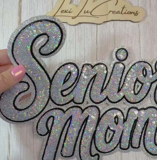 Senior Mom Silver Sequin Shirt Patch - BLACK stitch
