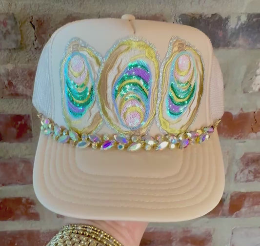 Sequin Oyster Trucker Hat with Rhinestone Chain