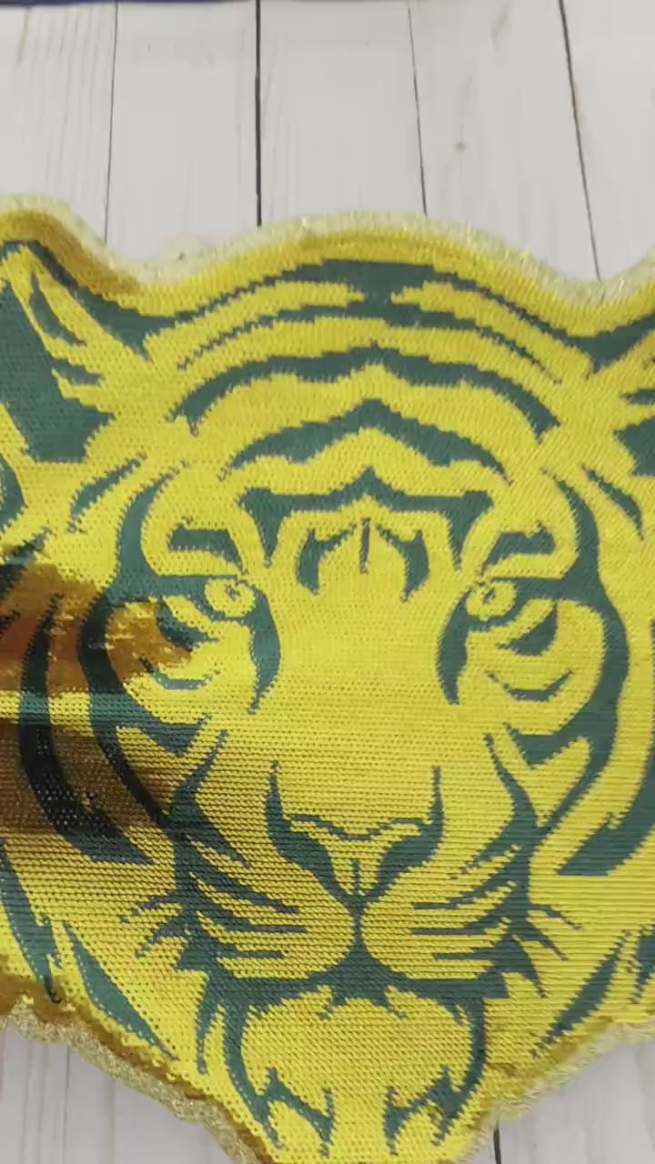 TIGER Mascot Iron On Patch | Green and Gold Sequin Patch | Preppy Tigers