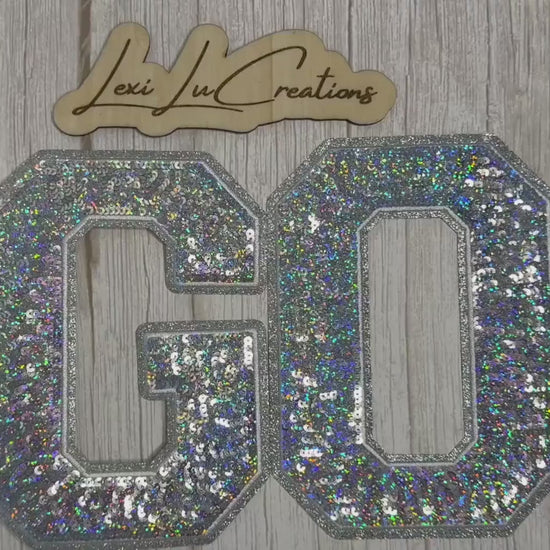 GO Sequin Patch | Silver Holographic Game Day Iron On Patch | School Spirit Patch