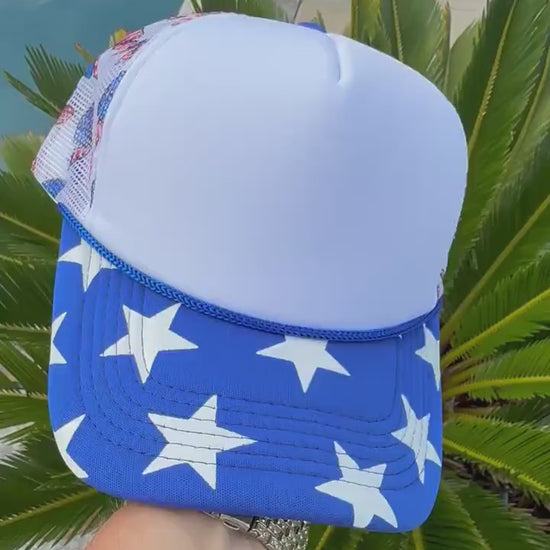 Patriotic Bow Trucker Hat with Blue and White Star Bill | Red White and Blue Bow Hat | Americana Stars Snapback | Fourth of July Hat