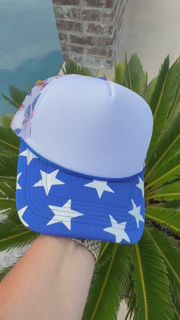 Patriotic Bow Trucker Hat with Blue and White Star Bill | Red White and Blue Bow Hat | Americana Stars Snapback | Fourth of July Hat