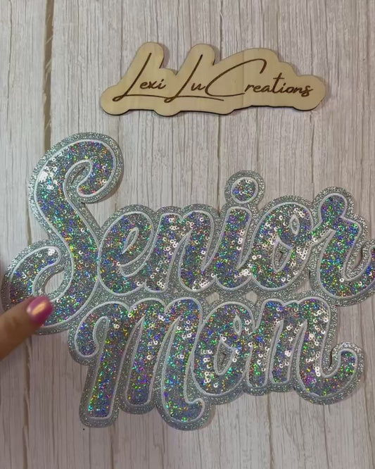 Senior Mom Silver Sequin Shirt Patch - WHITE stitch