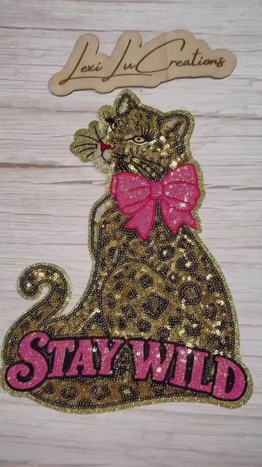 Stay Wild Leopard Sequin Patch | Pink Bow Cheetah Iron-On Patch