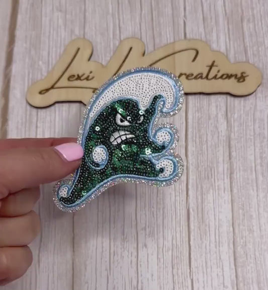 Green Wave Mascot Sequin Patch | Green & Blue Game Day Iron-On Patch