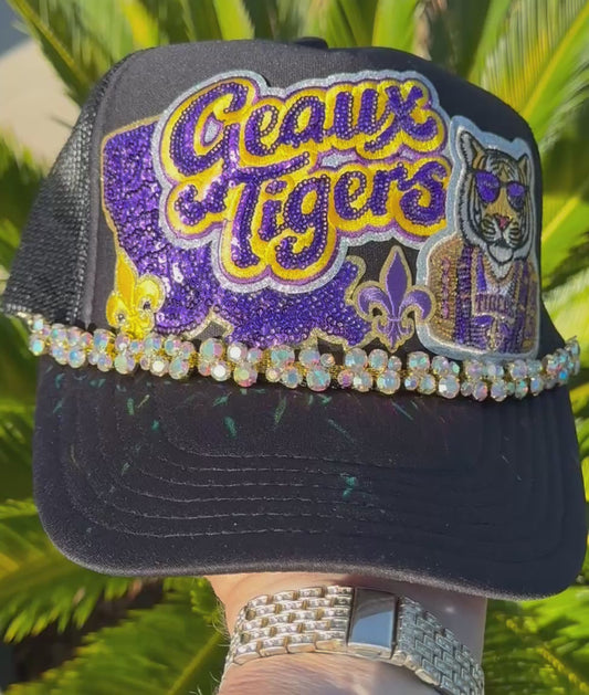 Geaux Tigers Mascot Drip Sequin Trucker Hat | Purple & Gold
