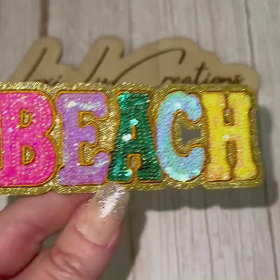 Beach Sequin Patch | Colorful Beach Letter Patch | Summer Vacation Patch | Coastal Applique | Iron On Sequin Patch | Beach Lover Gift