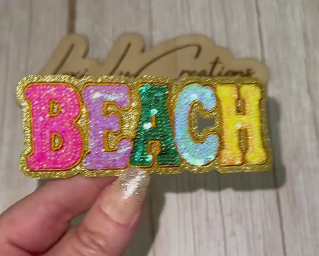 Beach Sequin Patch | Colorful Beach Letter Patch | Summer Vacation Patch | Coastal Applique | Iron On Sequin Patch | Beach Lover Gift