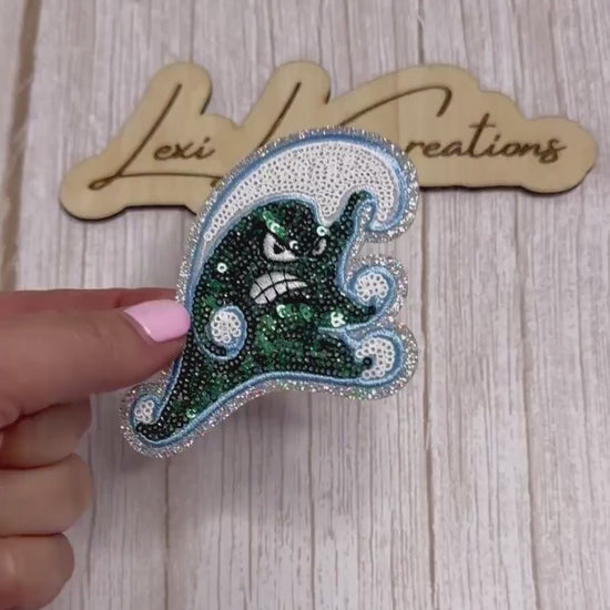 Green Wave Mascot Sequin Patch | Green & Blue Game Day Iron-On Patch