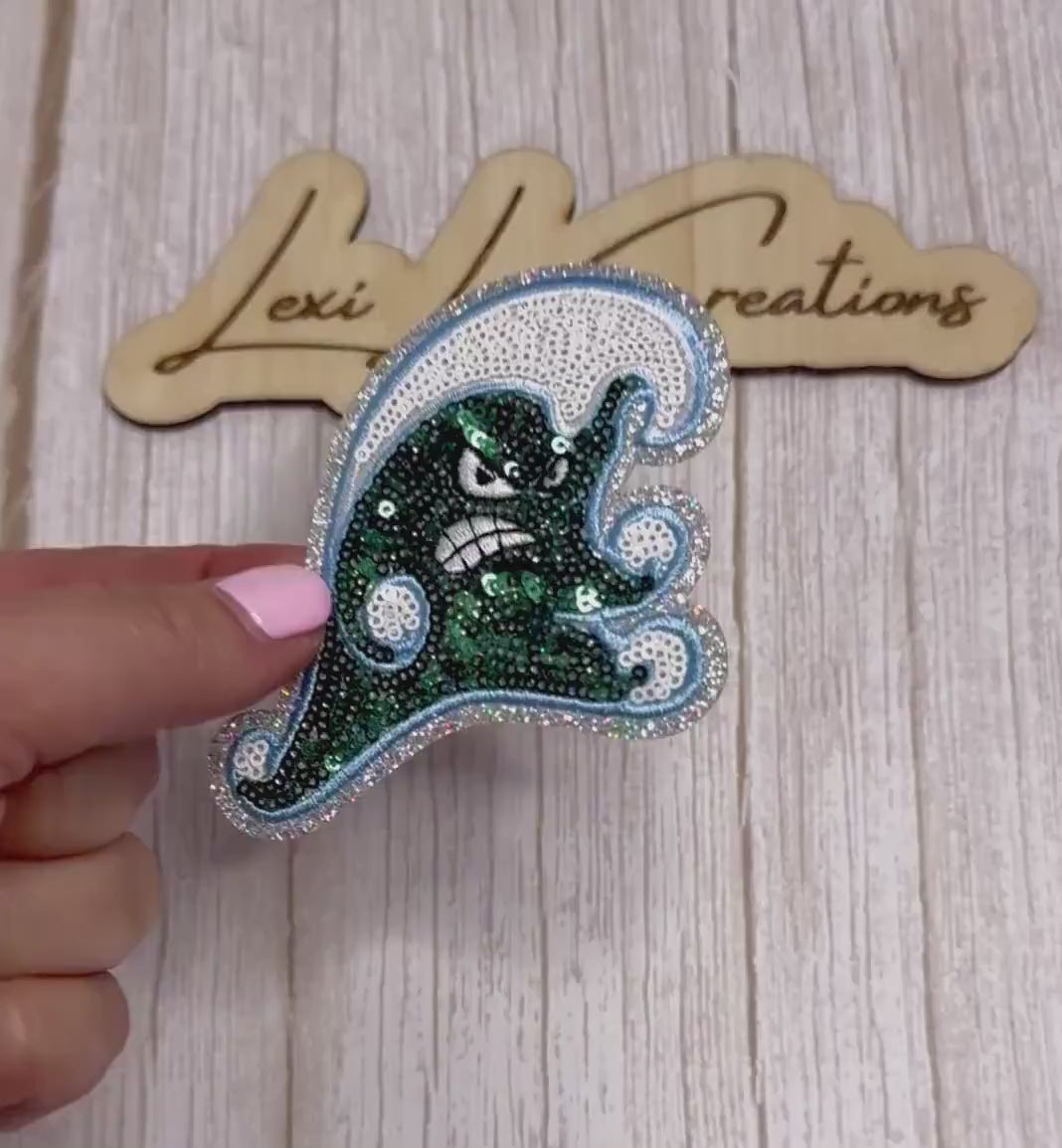 Green Wave Mascot Sequin Patch | Green & Blue Game Day Iron-On Patch