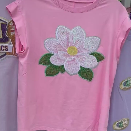 Magnolia Sequin Patch Shirt | Southern Magnolia Tee | Pink Magnolia Blossom Shirt | Louisiana Inspired Floral Shirt | Sparkly Boutique Tee