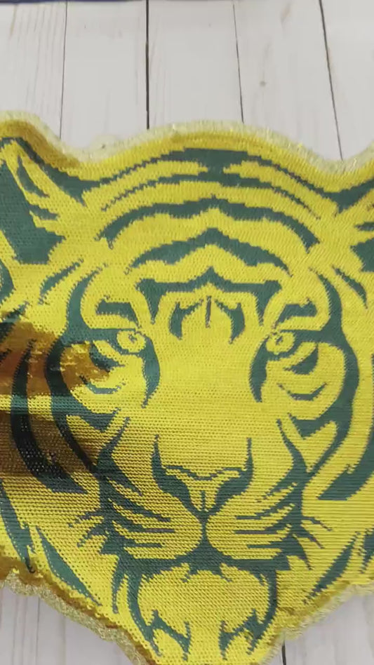 TIGER Mascot Iron On Patch | Green and Gold Sequin Patch | Preppy Tigers